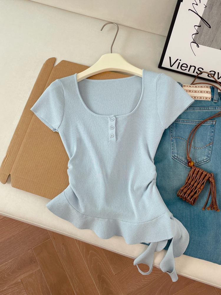 1775493874333_Egihw1.jpg Women Summer Knit Sweater with Irregular Ribbon Detail Short Sleeve Slimming Design