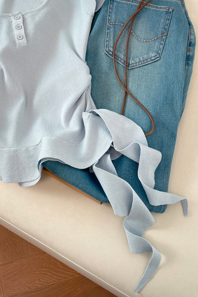 1775493971887_JOoWBt.jpg Women Summer Knit Sweater with Irregular Ribbon Detail Short Sleeve Slimming Design
