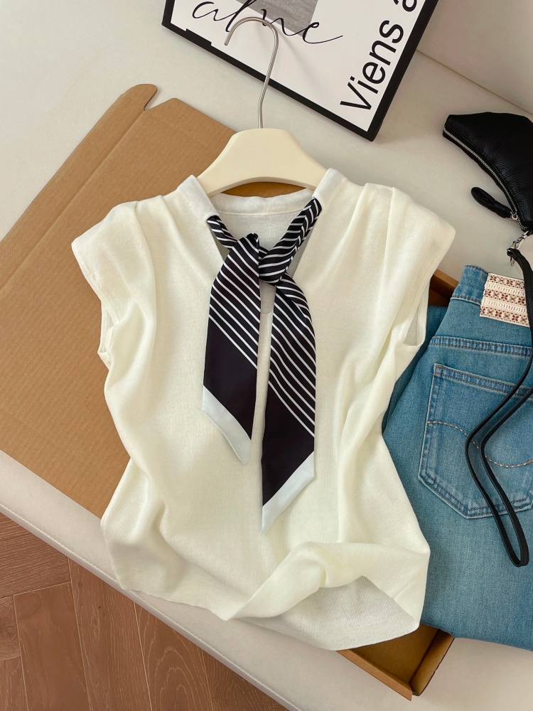 Women's Summer Knit Short Sleeve Top with Ribbon Detail Slimming Soft Comfortable Versatile Sleeveless Blouse