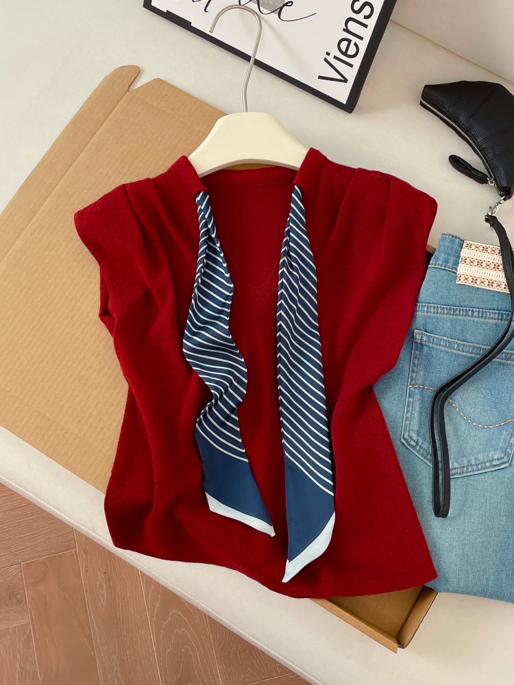 Women's Summer Knit Short Sleeve Top with Ribbon Detail Slimming Soft Comfortable Versatile Sleeveless Blouse