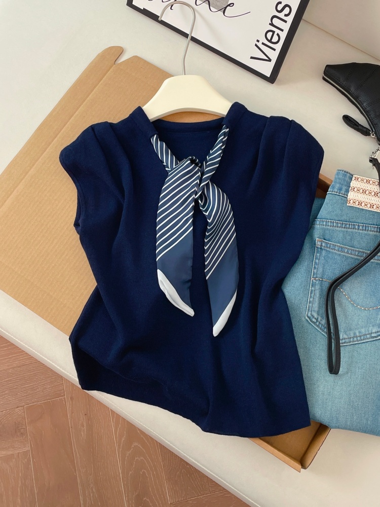 Women's Summer Knit Short Sleeve Top with Ribbon Detail Slimming Soft Comfortable Versatile Sleeveless Blouse