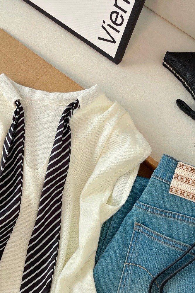 Women's Summer Knit Short Sleeve Top with Ribbon Detail Slimming Soft Comfortable Versatile Sleeveless Blouse