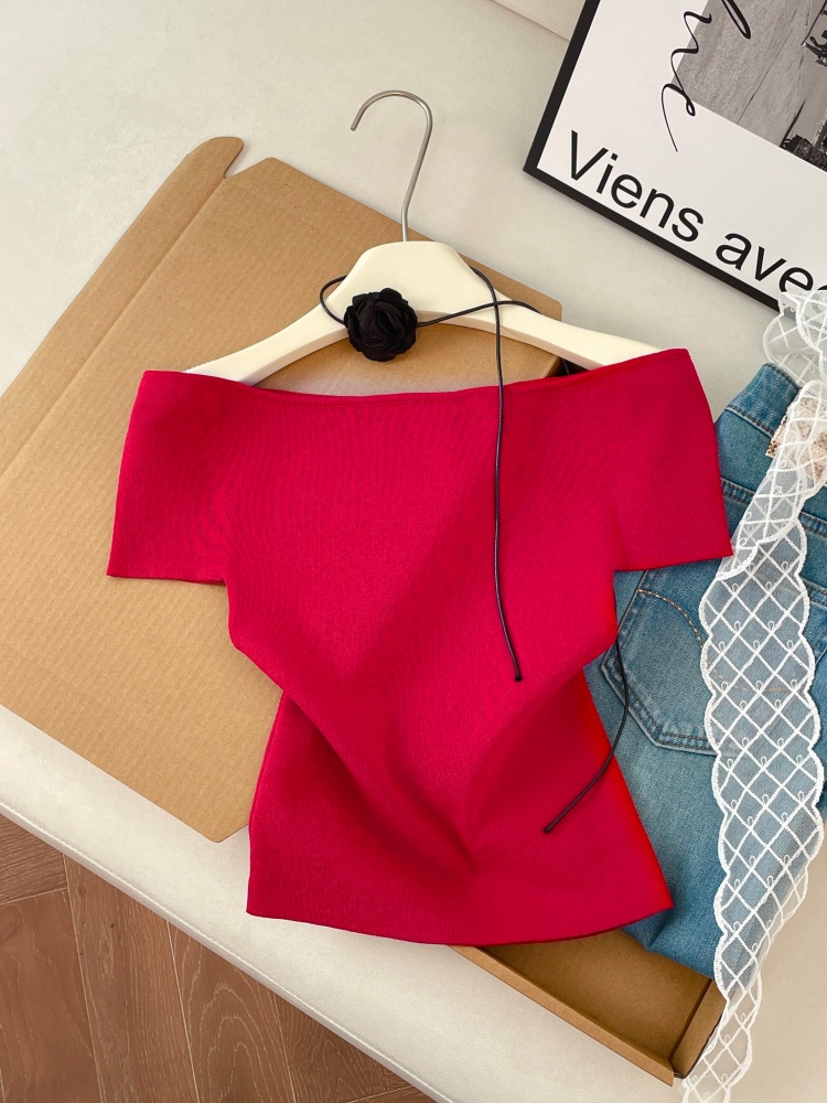 Sexy Slim Fit One Shoulder Knit Top Women Summer Short Sleeve