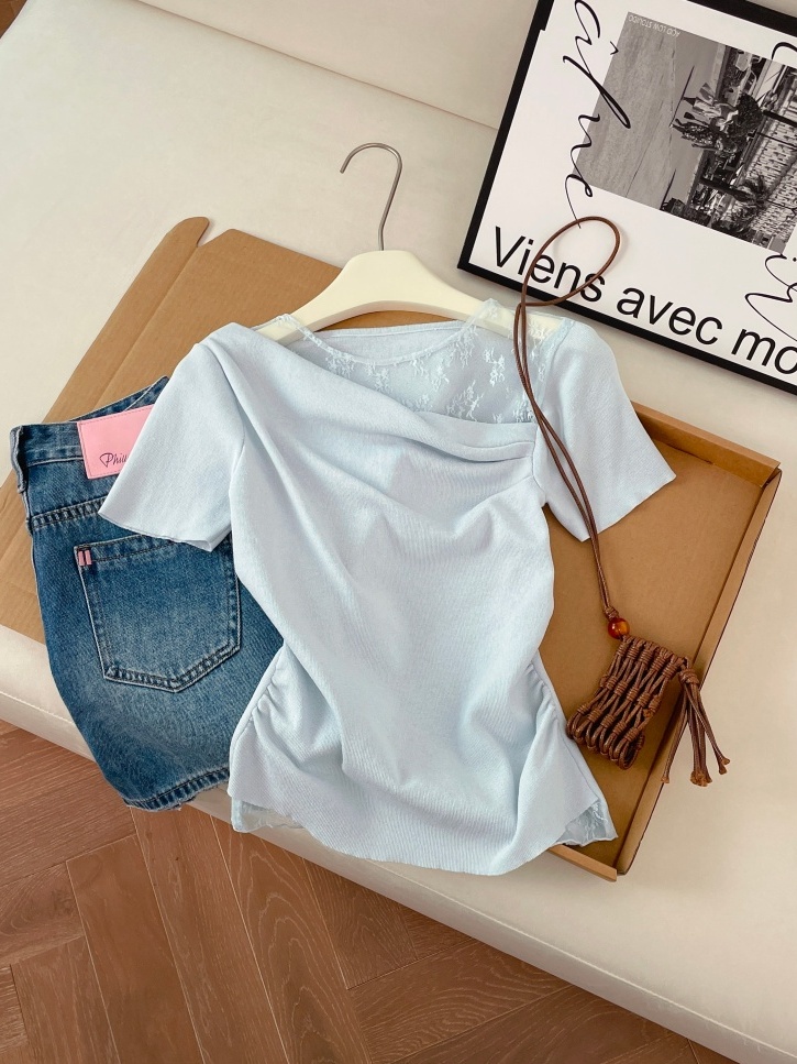 Women's Summer Faux Two-Piece Lace Spliced Knit Top Short Sleeve