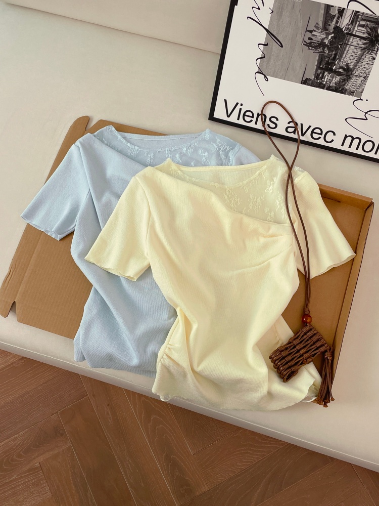 Women's Summer Faux Two-Piece Lace Spliced Knit Top Short Sleeve