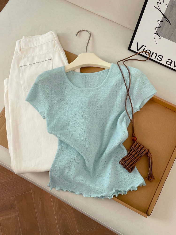 Korean Style Knit Short Sleeve Top for Women Summer Slim Fit Wood Ear Trim