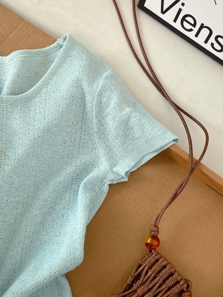 1775669309069_PlPz4S.jpg Korean Style Knit Short Sleeve Top for Women Summer Slim Fit Wood Ear Trim