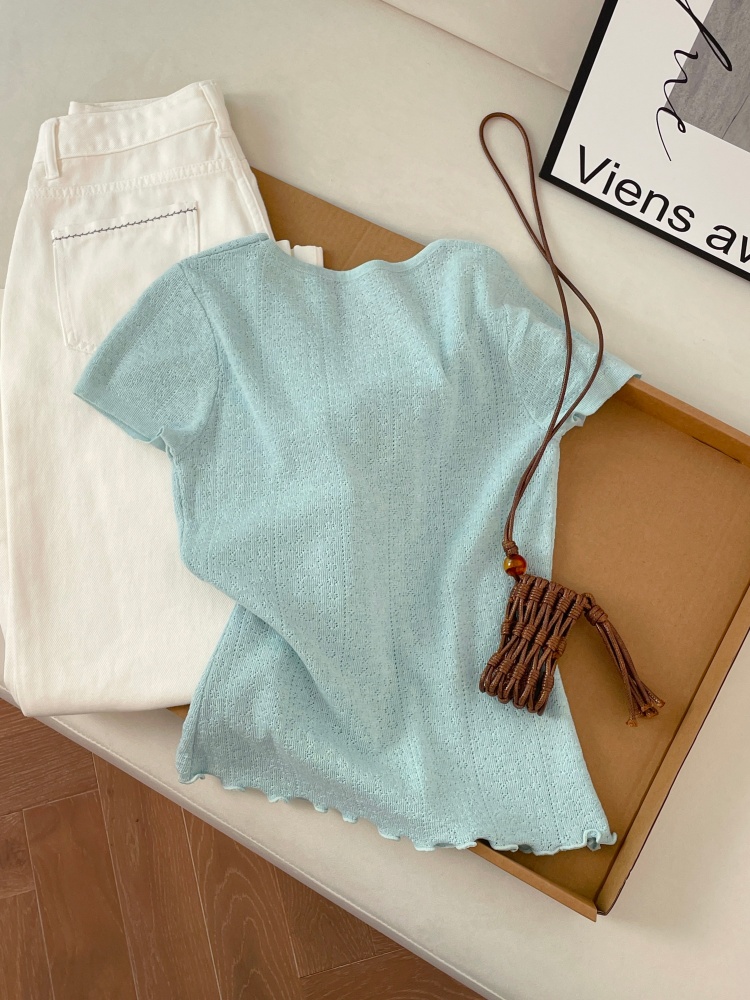 1775669314778_ti9S6Z.jpg Korean Style Knit Short Sleeve Top for Women Summer Slim Fit Wood Ear Trim