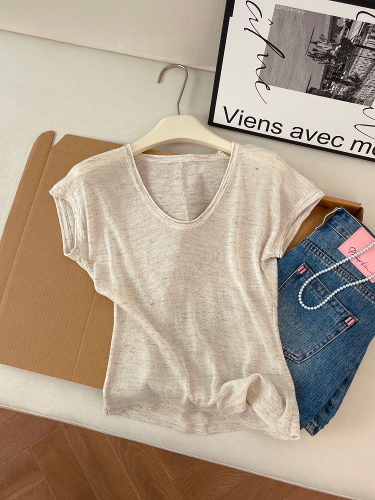 Women's Retro Hong Kong Style Short Sleeve Knit Top Summer Loose Slimming Thin Sweater