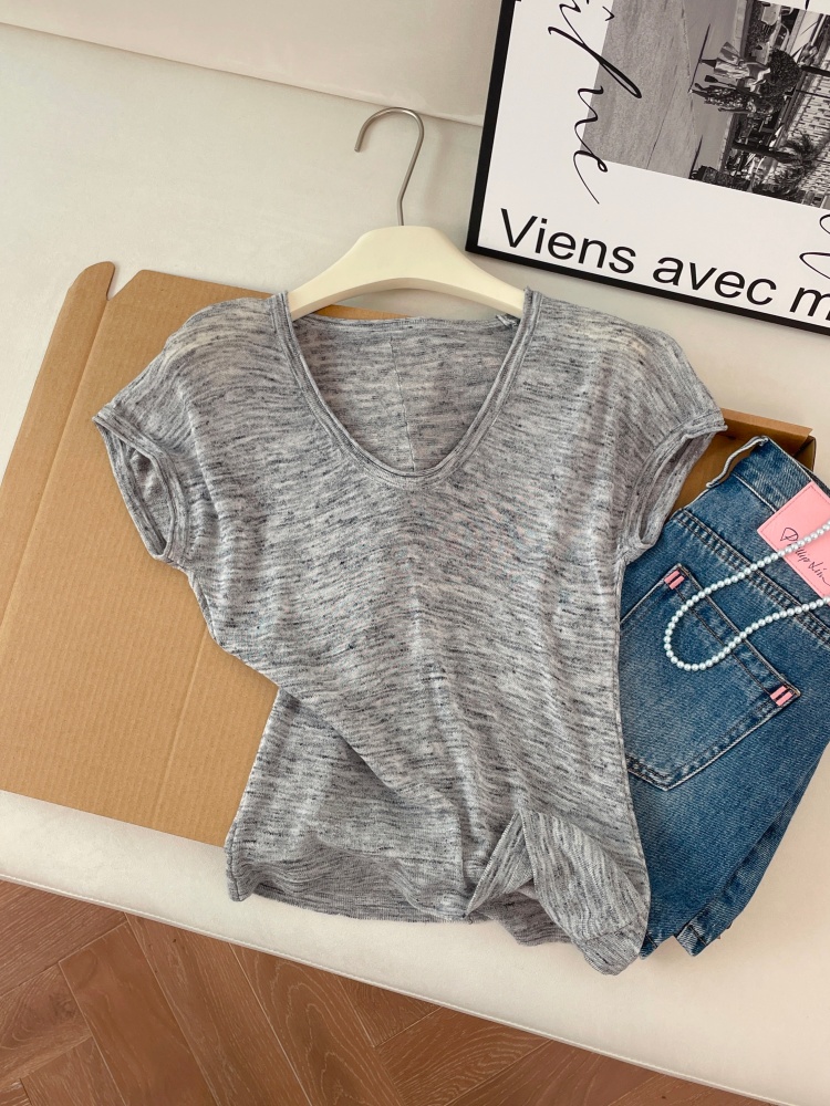 Women's Retro Hong Kong Style Short Sleeve Knit Top Summer Loose Slimming Thin Sweater