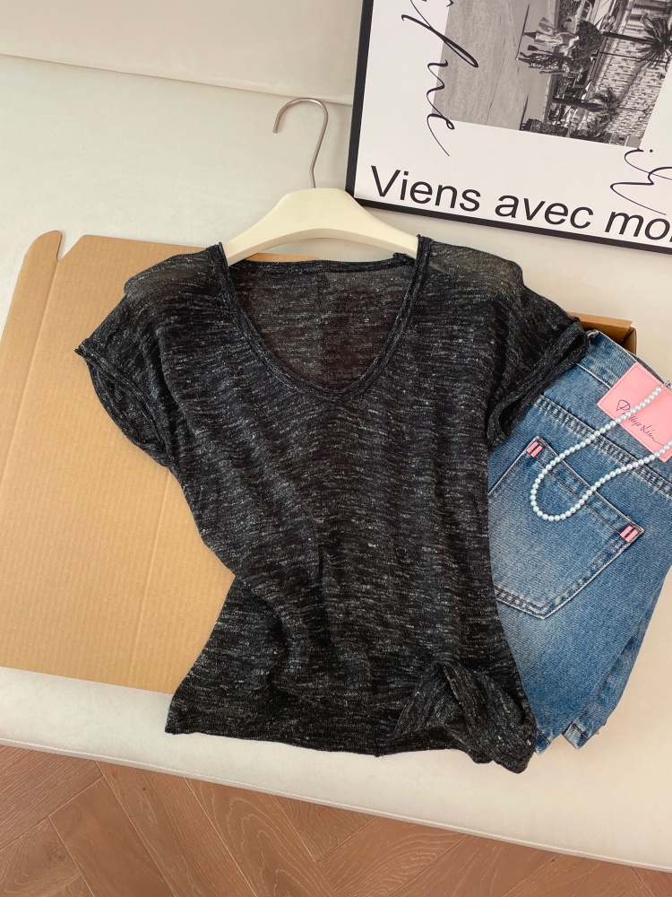 Women's Retro Hong Kong Style Short Sleeve Knit Top Summer Loose Slimming Thin Sweater